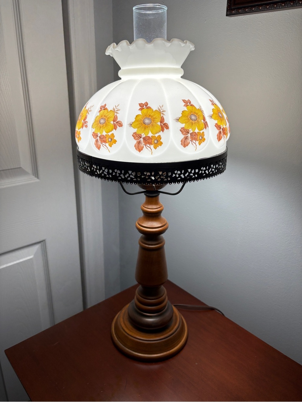 Vintage Hurricane glass and wood table lamp